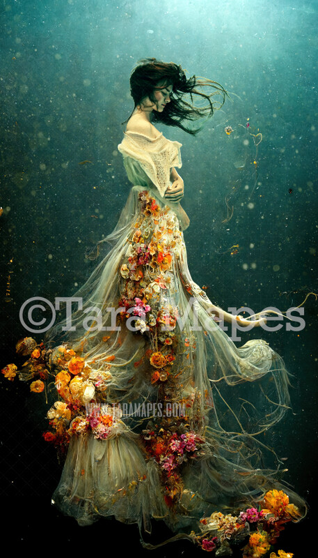 Mermaid Gown Digital Background - Ethereal Surreal Mermaid Scene - Mermaid Underwater - Gown Underwater - Beautiful Mermaid Scene - JPG File Digital Background