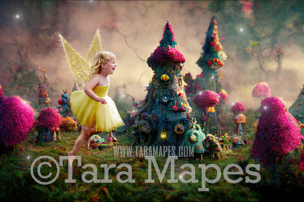Fairy Land Digital Backdrop - Magical Fairy Land with Fairy Houses and Magical Colorful Flowers - JPG File Digital Background