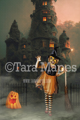 Halloween Digital Backdrop - Haunted House with Vines and Glowing Windows and Pumpkin - JPG File - Haunted House Digital Background