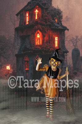 Halloween Digital Backdrop - Haunted House with Vines and Glowing Windows and Pumpkin - JPG File - Haunted House Digital Background