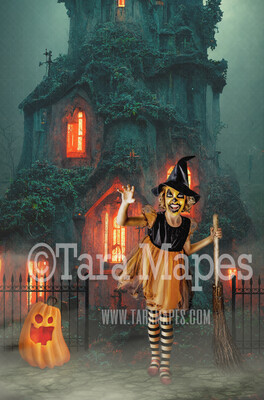 Halloween Digital Backdrop - Haunted House with Vines and Glowing Windows and Pumpkin - JPG File - Haunted House Digital Background