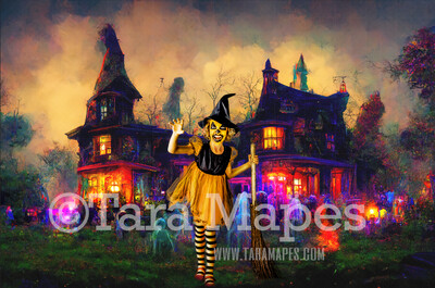 Halloween Digital Backdrop - Fun Halloween Party - Colorful Haunted House Party - JPG File - Halloween Digital Background