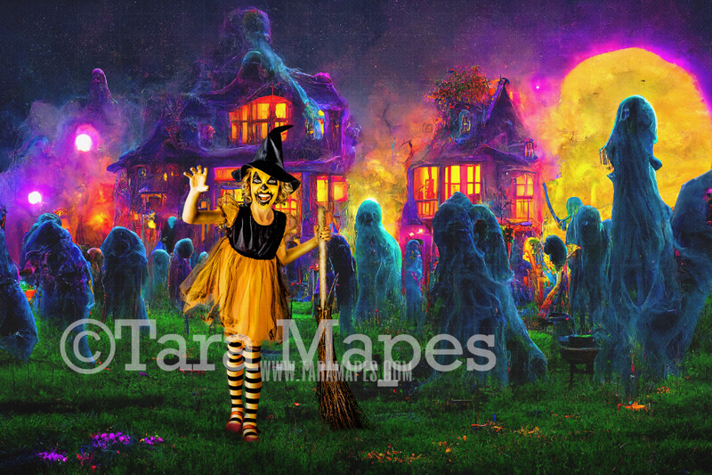 Halloween Digital Backdrop - Fun Halloween Party - Colorful Haunted House Party - JPG File - Halloween Digital Background