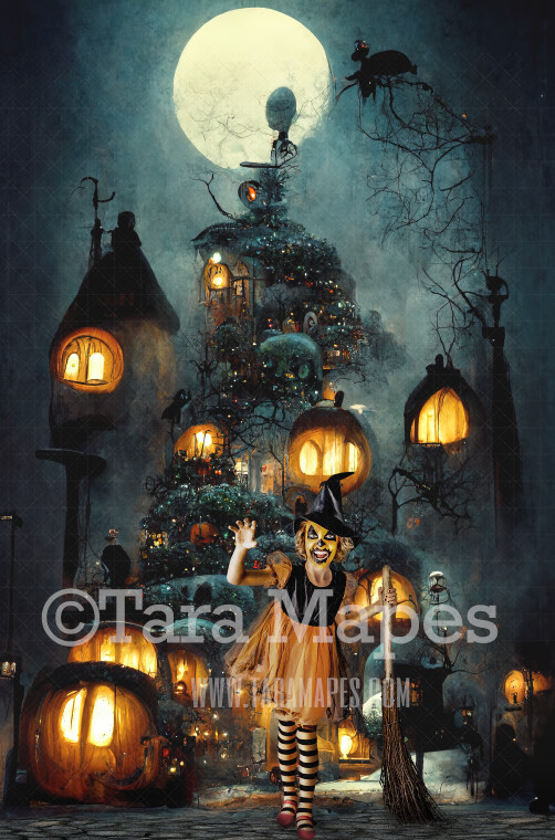 Halloween Digital Backdrop - Surreal Haunted House - Quirky Fun Nightmare Pumpkin Halloween House - JPG File - Halloween Digital Background