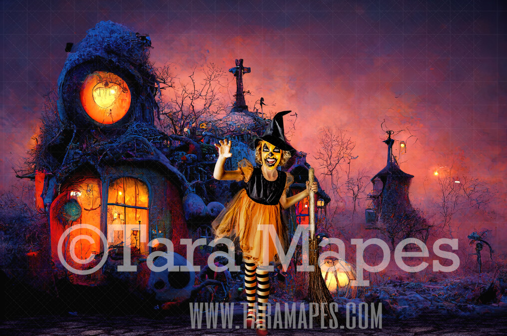 Halloween Digital Backdrop - Surreal Halloween Nightmare City - Quirky Fun Colorful Christmas Town - JPG File - Halloween Digital Background