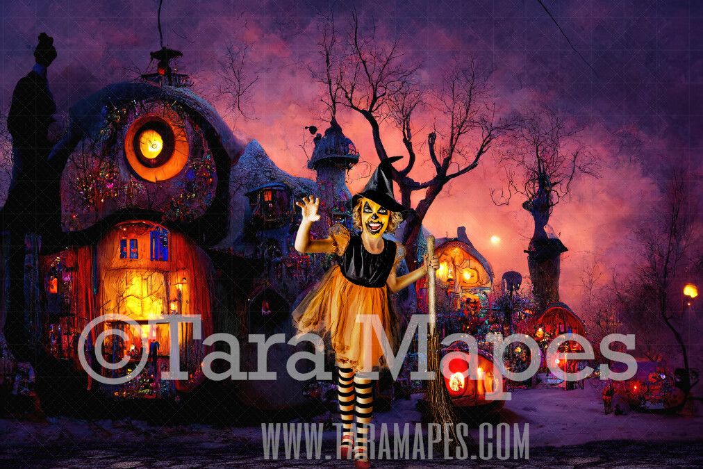 Halloween Digital Backdrop - Surreal Halloween Nightmare City - Quirky Fun Colorful Christmas Town - JPG File - Halloween Digital Background