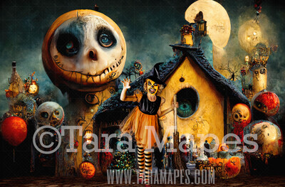 Halloween Digital Backdrop - Surreal Halloween Nightmare City - Quirky Fun Colorful Christmas Town - JPG File - Halloween Digital Background