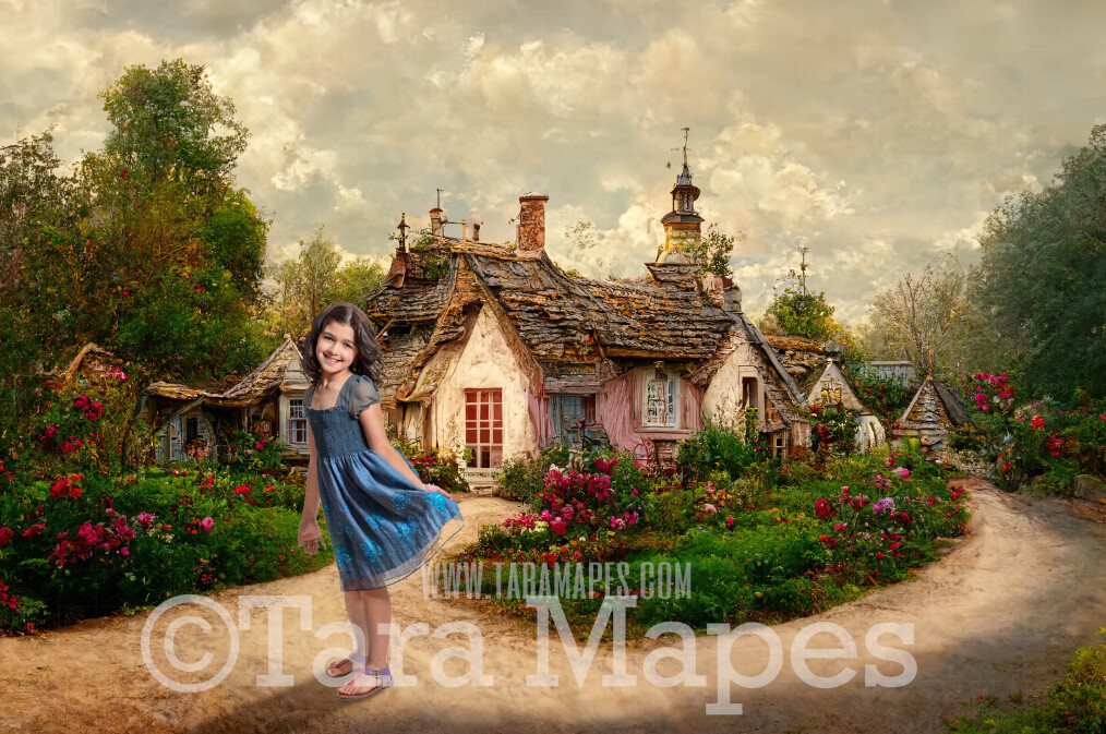 French Cottage Digital Backdrop - Cobblestone path in quaint town of cottages - Fairytale Cottages - JPG File Digital Background