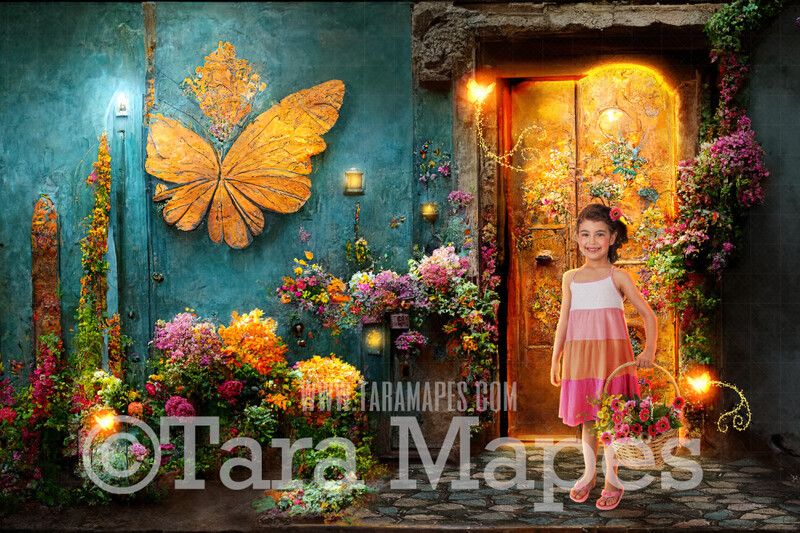 Magic Door Digital Backdrop - Spanish House with Magic Door with Butterflies- Magic Spell Door - Puerta Encanto (Charm Door) - Digital Backdrop Digital Background JPG file