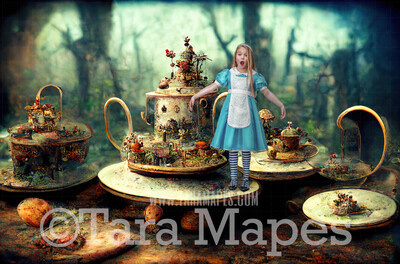 Alice Digital Backdrop - Wonderland Tea Party in Forest - Wonderland Enchanted Forest - JPG File - Wonderland Digital Background