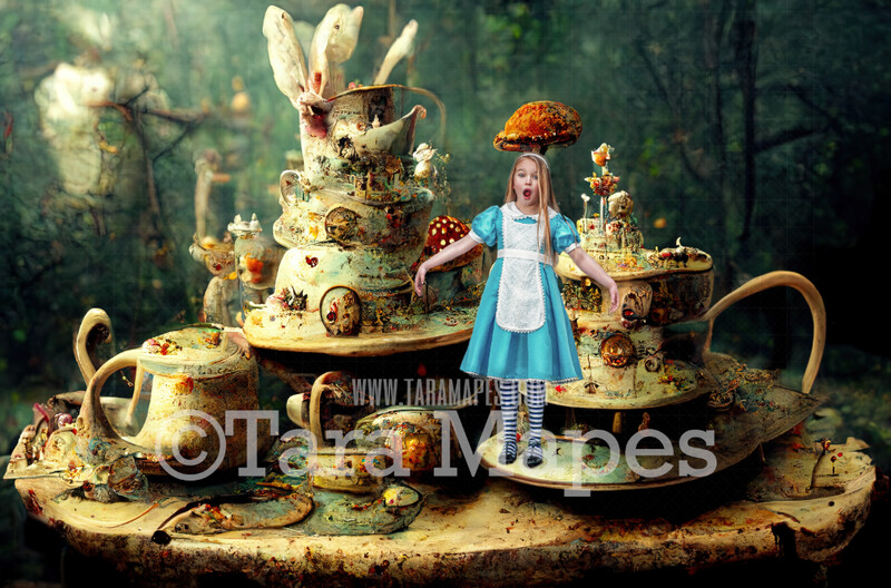 Alice Digital Backdrop - Wonderland Tea Party in Forest - Wonderland Enchanted Forest - JPG File - Wonderland Digital Background