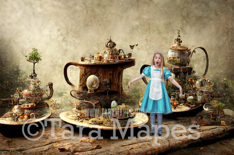 Alice Digital Backdrop - Wonderland Tea Party in Forest - Wonderland Enchanted Forest - JPG File - Wonderland Digital Background