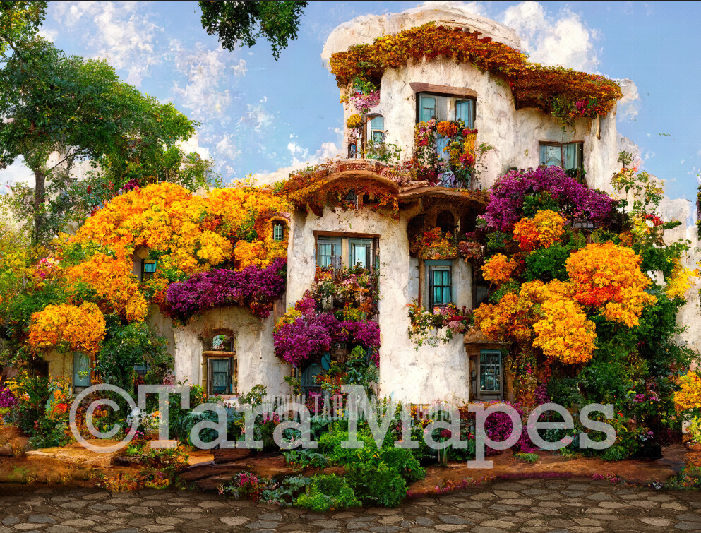 Flower House Digital Backdrop - Spanish Home with Flowers Digital  Backdrop - Spanish House with Cascading Flowers - Digital Backdrop Digital Background JPG file