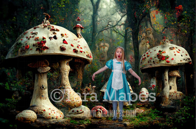 Alice Digital Backdrop - Mushrooms in Forest - Wonderland Mushroom Land Enchanted Forest - JPG File - Wonderland Digital Background