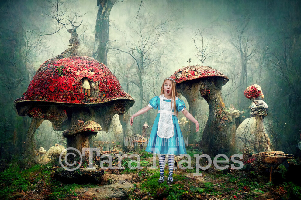 Alice Digital Backdrop - Mushrooms in Forest - Wonderland Mushroom Land Enchanted Forest - JPG File - Wonderland Digital Background
