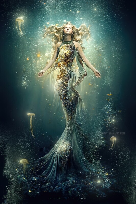 Mermaid Gown Digital Background - Gold Ethereal Surreal Mermaid Scene - Mermaid Octopus Gown Underwater - Gown Underwater - Beautiful Mermaid Scene - JPG File Digital Background