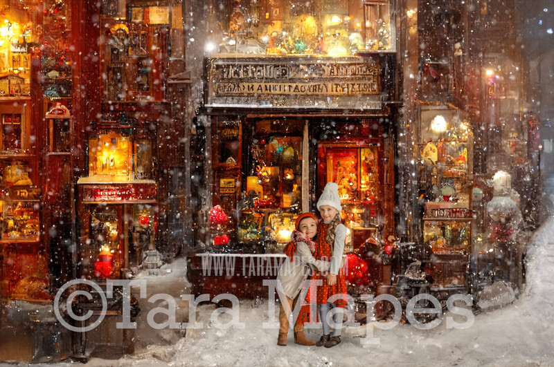 Christmas Toy Store Digital Backdrop - Christmas Street Storefront - Vintage Christmas Street of Toy Shops  - Christmas Town Shops Digital Background - FREE SNOW OVERLAY included