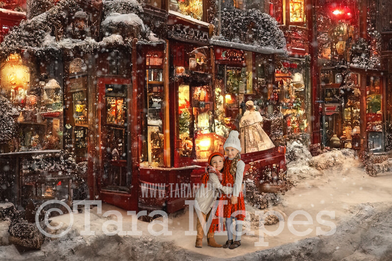 Christmas Street Digital Backdrop - Christmas Storefront - Vintage Christmas Street of Toy Shops  - Christmas Town Shops Digital Background - FREE SNOW OVERLAY included