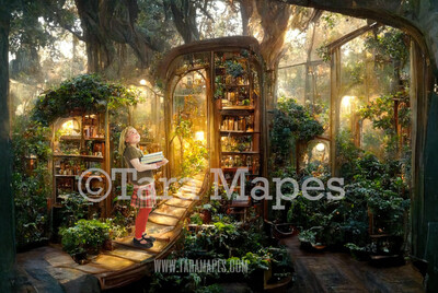 Library Digital Backdrop - Rustic Library with Overgrown Plants - Book Lover Digital Background Backdrop