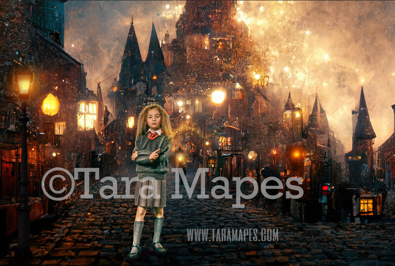 Wizard Digital Backdrop - London Wizard Street  at Night - Magic Shop - Wizard Witch Digital Background / Backdrop