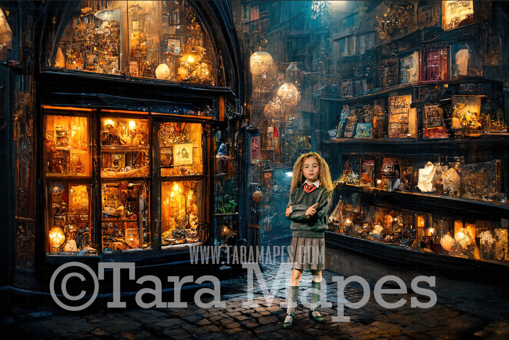 Wizard Shop Digital Backdrop - Wizards Shops London Street at Night - Magic Shop - Wizard Witch Digital Background / Backdrop