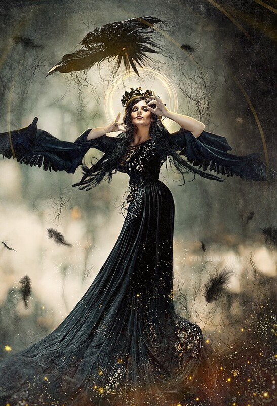 Crow Queen Gown Digital Background - Gold Ethereal Surreal Scene - Black Crow Raven Gown - Black Gown Artistic Scene - JPG File Digital Background