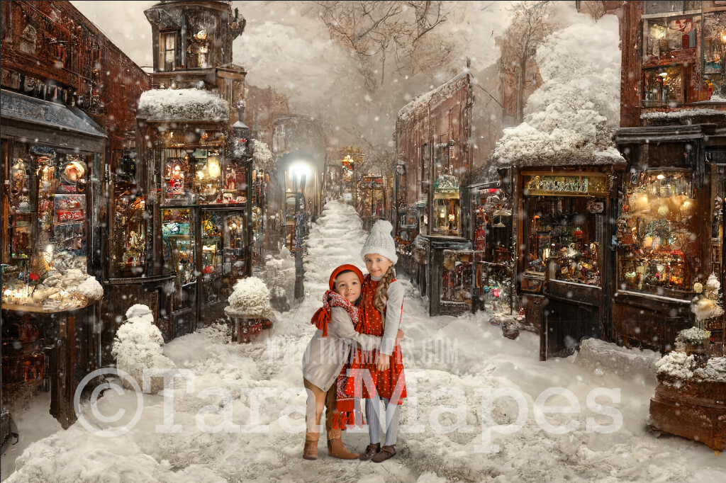 Christmas Street Town Digital Backdrop - Christmas Street Storefront - Vintage Christmas Street of Toy Shops  - Christmas Town Shops Digital Background - FREE SNOW OVERLAY included