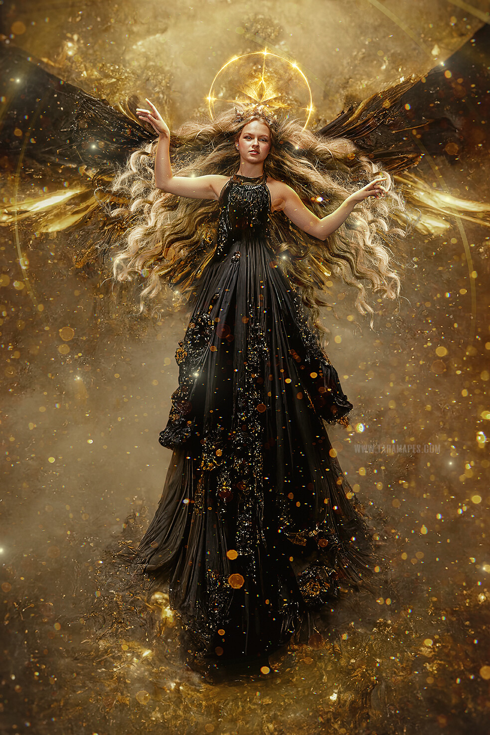 Dark Angel Digital Backdrop - AI Angel Body in Black Gown with Wings - Glowing Celestial Heavenly Angel Body with Gold Wings Digital  - JPG File Digital Background