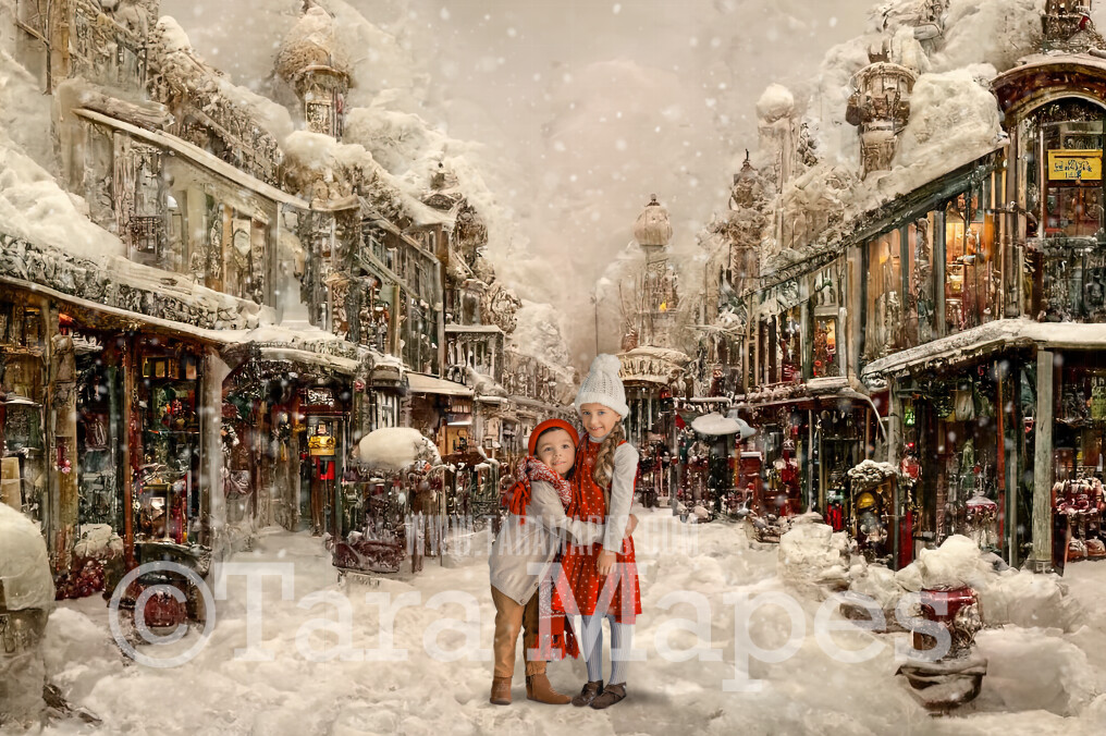 Christmas Street Town Digital Backdrop - Christmas Street Storefront - Vintage Christmas Street of Toy Shops - Christmas Town Shops Digital Background - FREE SNOW OVERLAY included