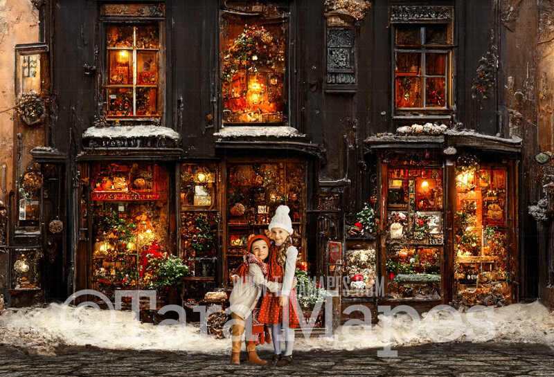 Christmas Toy Shop Digital Backdrop - Christmas Street Storefront - Vintage Christmas Street of Toy Shops  - Christmas Town Shops Digital Background - FREE SNOW OVERLAY included