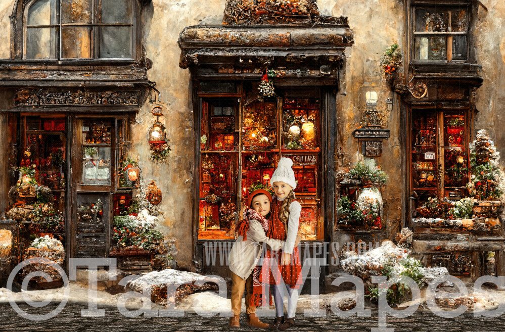 Christmas Toy Shop Digital Backdrop - Christmas Street Storefront - Vintage Christmas Street of Toy Shops - Christmas Town Shops Digital Background - FREE SNOW OVERLAY included