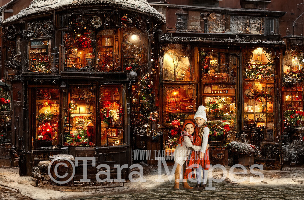 Christmas Toy Shop Digital Backdrop - Christmas Street Storefront - Vintage Christmas Street of Toy Shops  - Christmas Town Shops Digital Background - FREE SNOW OVERLAY included