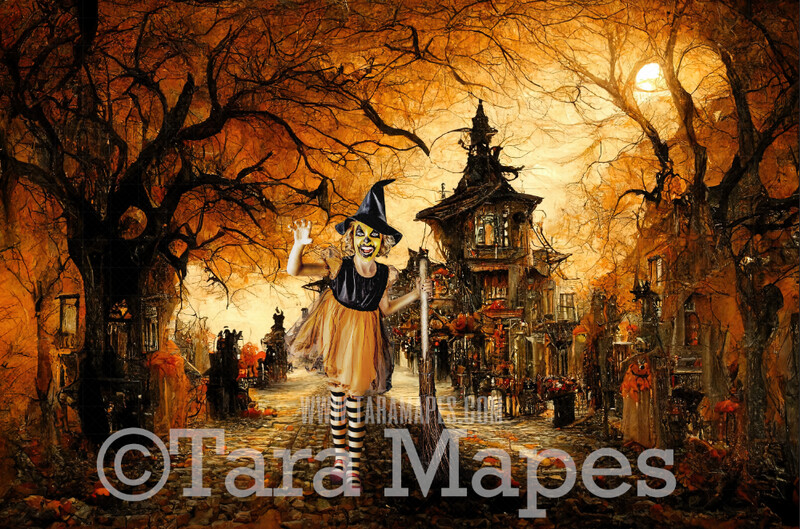 Halloween Digital Backdrop - Surreal Halloween Party Street Trick or Treat - Haunted Houses - Quirky Fun Halloween Scene - JPG File - Halloween Digital Background