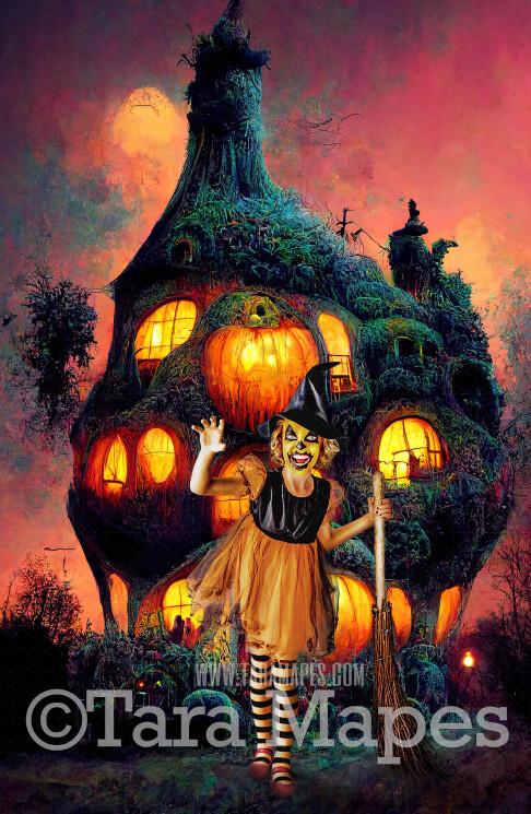 Halloween Digital Backdrop - Surreal Pumpkin House - Fun Haunted House - Quirky Fun Halloween House - JPG File - Witch House - Halloween Digital Background