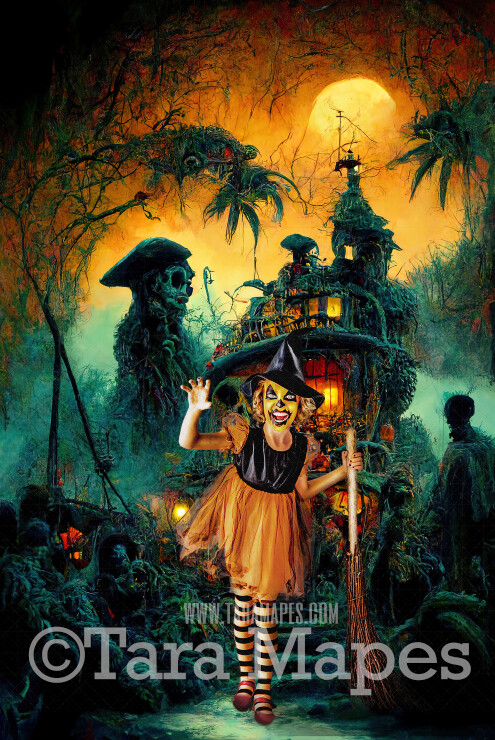 Halloween Digital Backdrop - Surreal Pirate House - Fun Haunted House - Quirky Fun Halloween House - JPG File - Witch House - Halloween Digital Background