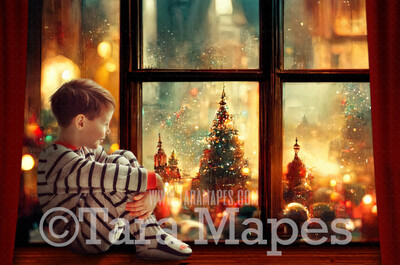 Christmas Window Digital Backdrop - Christmas Window Scene with Wood Seat - Christmas Digital Background