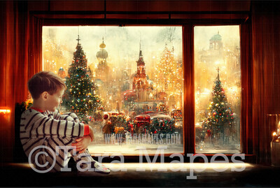 Christmas Window Digital Backdrop - Christmas Window Scene with Wood Seat - Christmas Digital Background