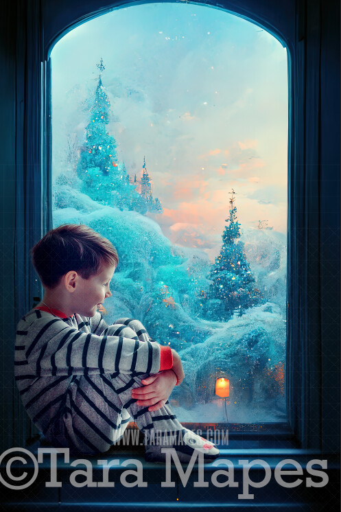 Christmas Window Digital Backdrop - Christmas Window Scene with Wood Seat - Christmas Digital Background