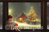 Christmas Window Digital Backdrop - Christmas Window Scene with Wood Seat - Christmas Digital Background