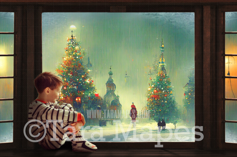 Christmas Window Digital Backdrop - Christmas Window Scene with Wood Seat - Christmas Digital Background