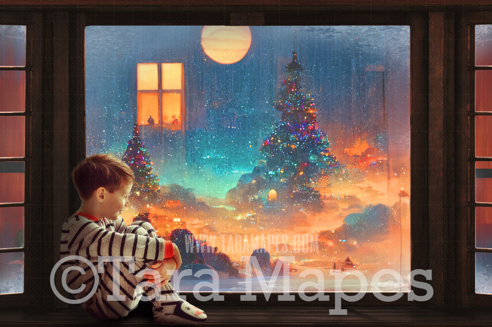 Christmas Window Digital Backdrop - Christmas Window Scene with Wood Seat - Christmas Digital Background