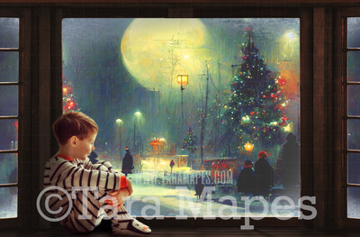 Christmas Window Digital Backdrop - Christmas Window Scene with Wood Seat - Christmas Digital Background