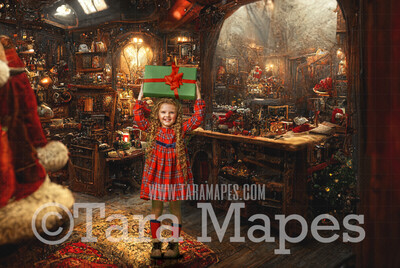 Santa&#39;s Workshop Digital Backdrop - Christmas Workshop - Vintage Christmas Cabin of Toys- Toy Shop  - Christmas Digital Background