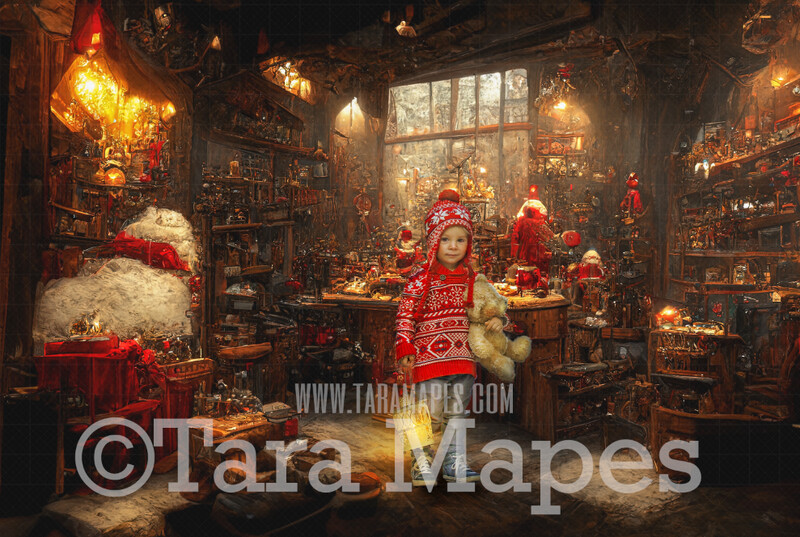 Santa&#39;s Workshop Digital Backdrop - Christmas Workshop - Vintage Christmas Cabin of Toys- Toy Shop  - Christmas Digital Background