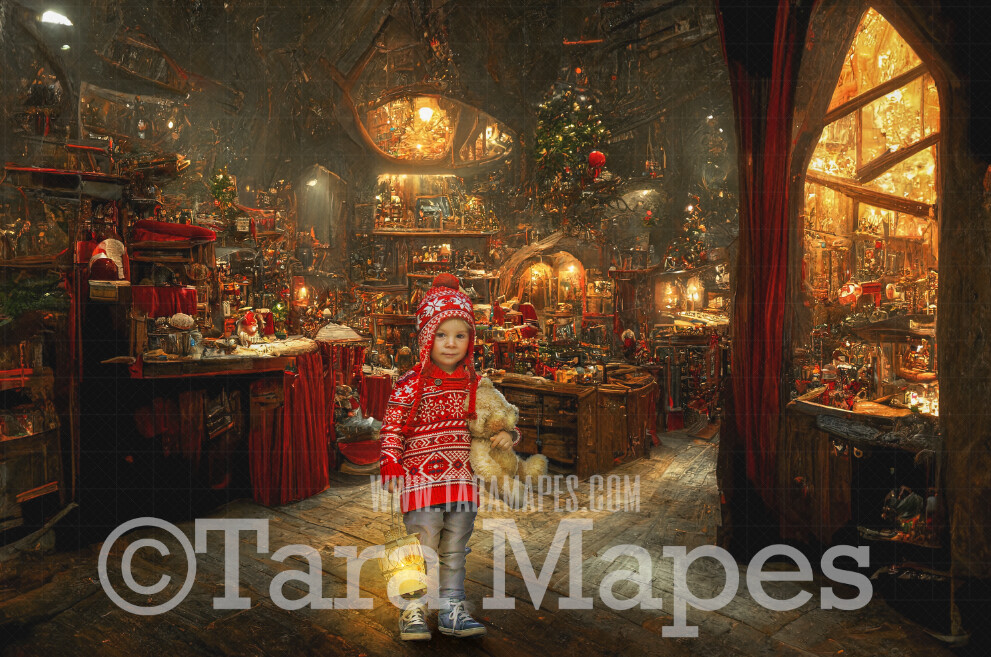 Santa&#39;s Workshop Digital Backdrop - Christmas Workshop - Vintage Christmas Cabin of Toys- Toy Shop  - Christmas Digital Background