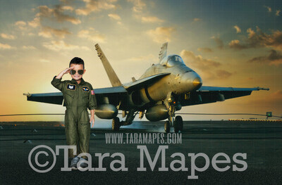 Military Fighter Jet Digital Backdrop - Military Plane on Runway Digital Background