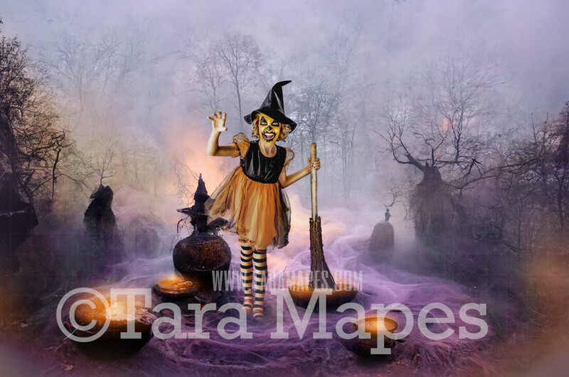 Halloween Digital Backdrop - Witches Cauldron in Woods - JPG File - Witch Woods- Halloween Digital Background