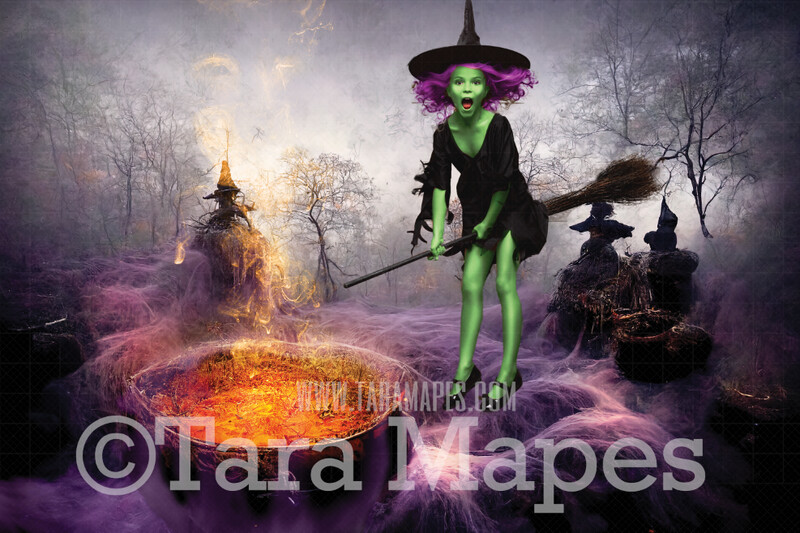 Halloween Digital Backdrop - Witch Cauldron in Woods - JPG File - Witch Woods- Halloween Digital Background