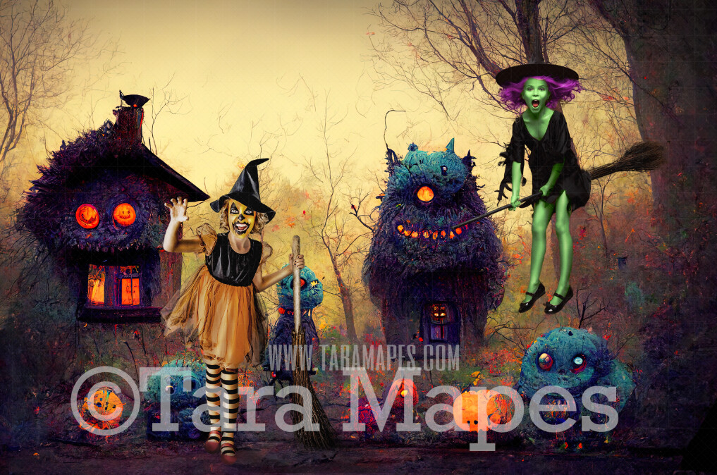 Halloween Digital Backdrop - Cute Monster Houses and Monsters - JPG File - Funny Fun Halloween Digital Background