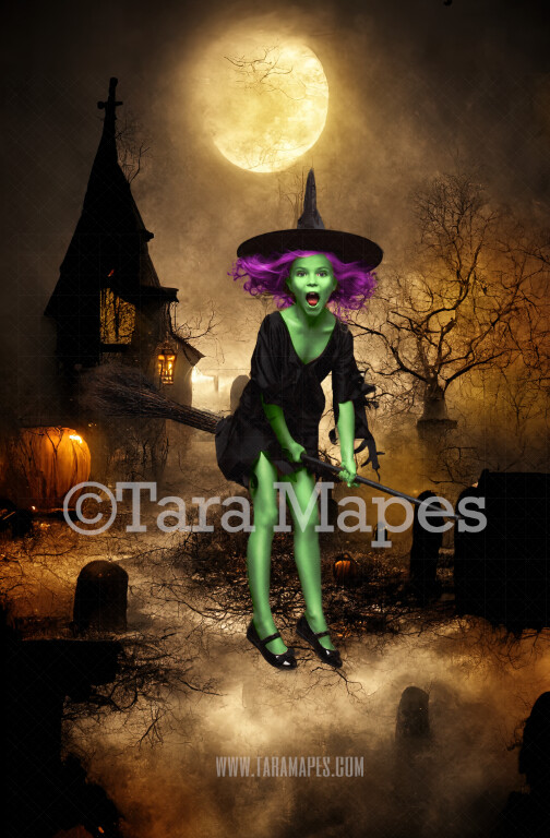 Halloween Digital Backdrop - Spooky Path with Graveyard and Haunted House - JPG File -  Halloween Digital Background
